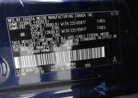 2021 Toyota Rav4 Hybrid Xle from USA, damaged, VIN 2T3R6RFV8MW012931